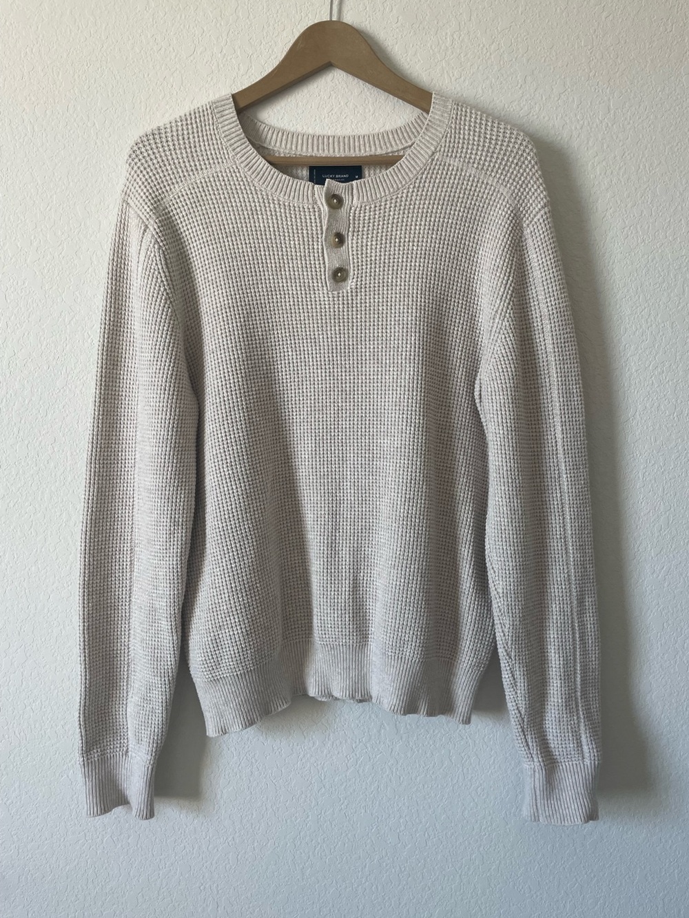 Lucky Brand Cream Waffle-Knit Crewneck Henley Sweater